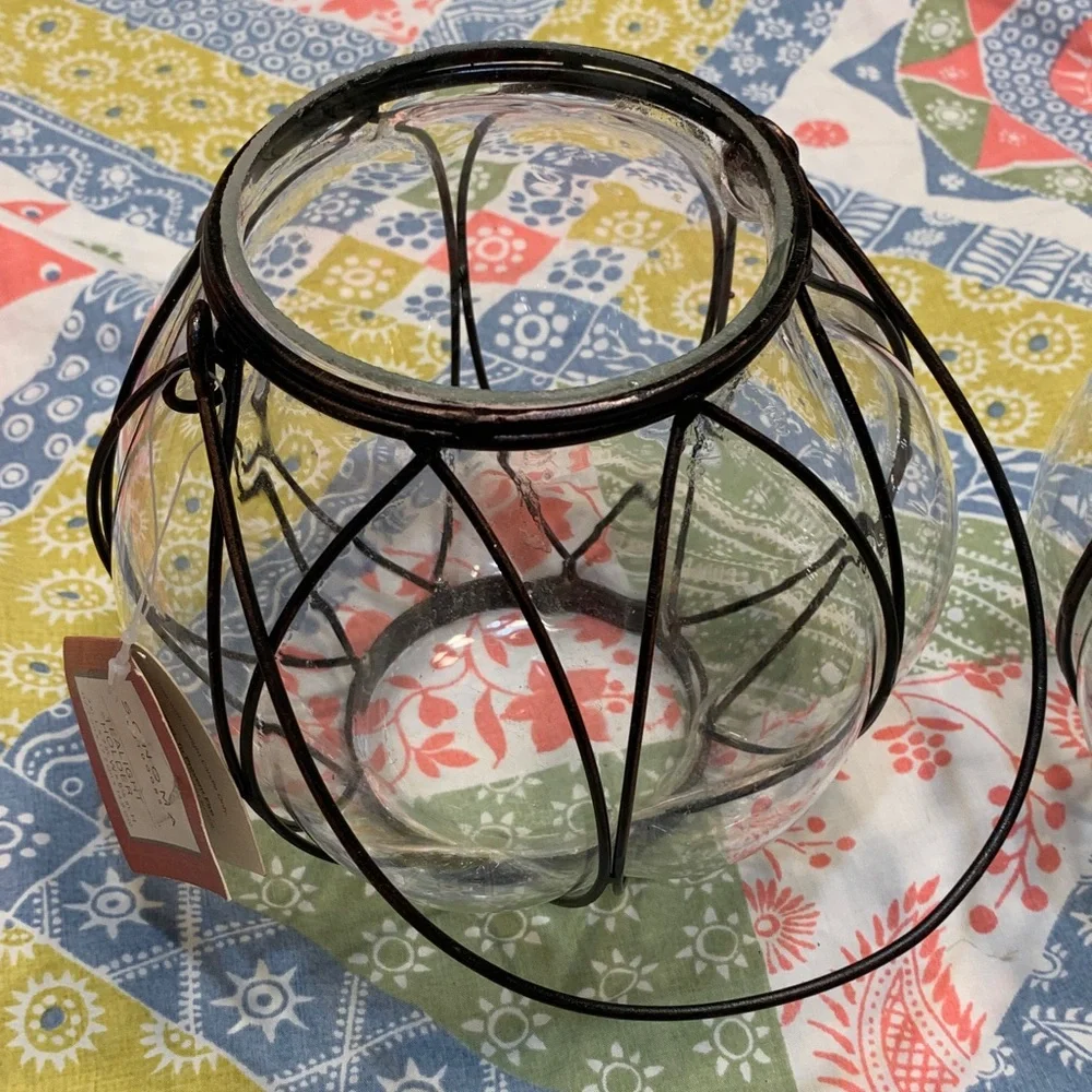 Sonoma Coppery Black Wire Glass Tea Light Holder Lantern Pair